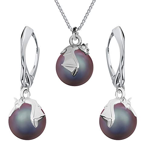 Panda-Jewellery Ohrringe Silber 925 Hängend - Kette Damen mit Anhänger - Schmuck Set für Sie - mit Perlen und Fledermaus - Ohrringe Hängend und Halskette Damen Silber 925 (Iridescent Red) von Panda-Jewellery