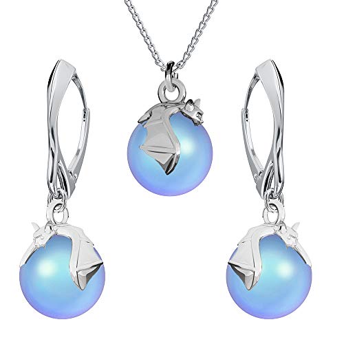 Panda-Jewellery Ohrringe Silber 925 Hängend - Kette Damen mit Anhänger - Schmuck Set für Sie - mit Perlen und Fledermaus - Ohrringe Hängend und Halskette Damen Silber 925 (Light Blue) von Panda-Jewellery