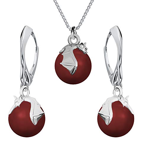 Panda-Jewellery Ohrringe Silber 925 Hängend - Kette Damen mit Anhänger - Schmuck Set für Sie - mit Perlen und Fledermaus - Ohrringe Hängend und Halskette Damen Silber 925 (Red Coral) von Panda-Jewellery