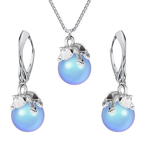 Panda-Jewellery Ohrringe Silber 925 Hängend - Kette Damen mit Anhänger - Schmuck Set für Sie - mit Perlen und Katze - Ohrringe Hängend und Halskette Damen Silber 925 (Light Blue) von Panda-Jewellery