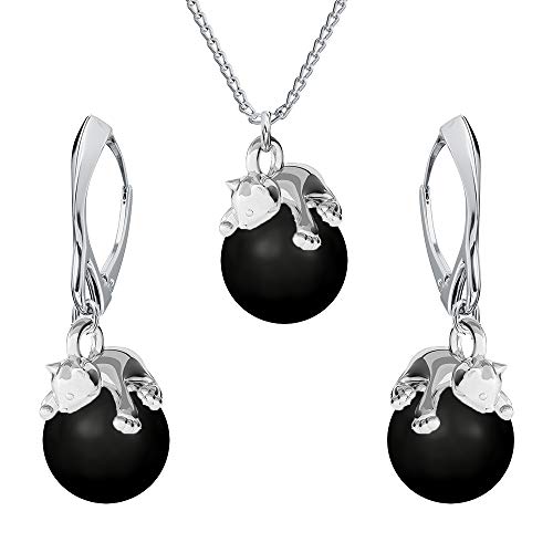 Ohrringe Silber 925 Hängend - Kette Damen mit Anhänger - Schmuck Set für Sie - mit Perlen und Katze - Ohrringe Hängend und Halskette Damen Silber 925 (Mystic Black) von Panda-Jewellery