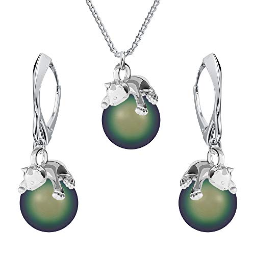 Panda-Jewellery Ohrringe Silber 925 Hängend - Kette Damen mit Anhänger - Schmuck Set für Sie - mit Perlen und Katze - Ohrringe Hängend und Halskette Damen Silber 925 (Scarabeaus Green) von Panda-Jewellery