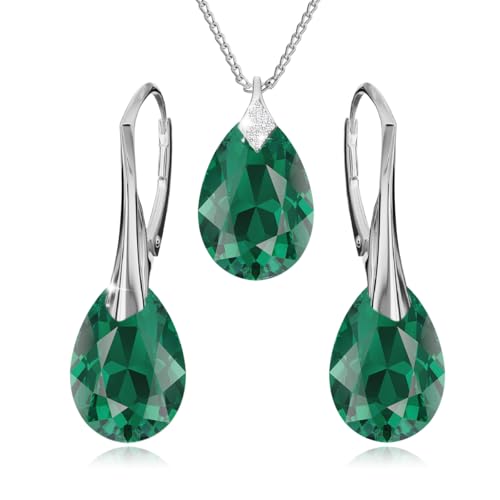 Panda-Jewellery Ohrringe Silber 925 Hängend - Kette Damen mit Anhänger - Schmuck Set für Sie - mit Kristallen - Ohrringe Hängend und Halskette Damen Silber 925 in Form eines Tropfes (Emerald) von Panda-Jewellery