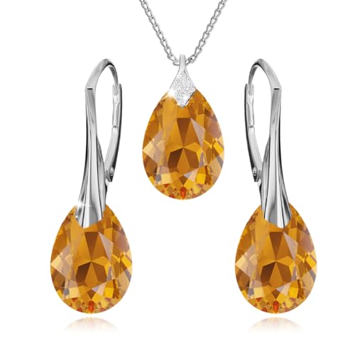 Panda-Jewellery Ohrringe Silber 925 Hängend - Kette Damen mit Anhänger - Schmuck Set für Sie - mit Kristallen - Ohrringe Hängend und Halskette Damen Silber 925 in Form eines Tropfes (Topaz) von Panda-Jewellery