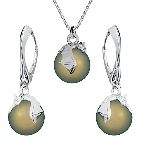 Panda-Jewellery Ohrringe Silber 925 Hängend - Kette Damen mit Anhänger - Schmuck Set für Sie - mit Perlen und Fledermaus - Ohrringe Hängend und Halskette Damen Silber 925 (Iridescent Green) von Panda-Jewellery