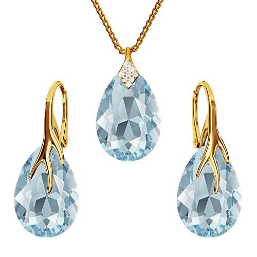 Ohrringe Silber 925 Hängend - Kette Damen mit Anhänger - Vergoldet Schmuck Set für Sie - mit Kristallen - Ohrringe Hängend und Halskette Damen Silber 925 - Tropfen mit Krallen (Aquamarine) von Panda-Jewellery