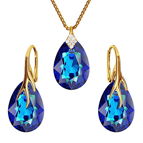 Ohrringe Silber 925 Hängend - Kette Damen mit Anhänger - Vergoldet Schmuck Set für Sie - mit Kristallen - Ohrringe Hängend und Halskette Damen Silber 925 - Tropfen mit Krallen (Bermuda Blue) von Panda-Jewellery