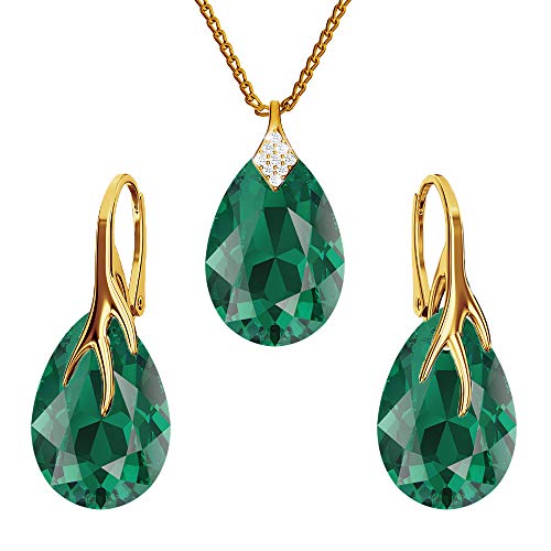 Ohrringe Silber 925 Hängend - Kette Damen mit Anhänger - Vergoldet Schmuck Set für Sie - mit Kristallen - Ohrringe Hängend und Halskette Damen Silber 925 - Tropfen mit Krallen (Emerald) von PANDA LUXURY JEWELLERY