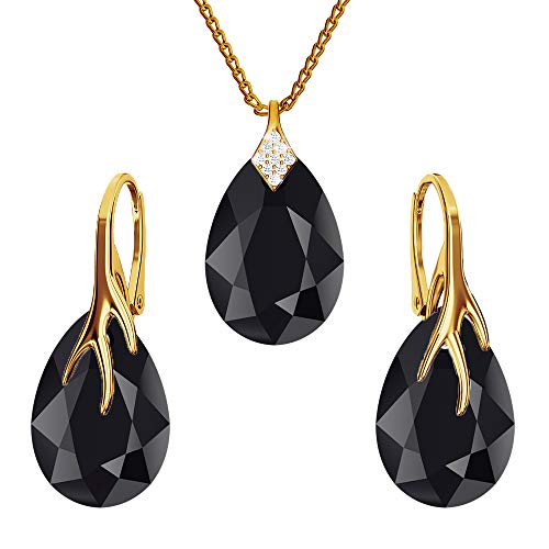 Panda-Jewellery Ohrringe Silber 925 Hängend - Kette Damen mit Anhänger - Vergoldet Schmuck Set für Sie - mit Kristallen - Ohrringe Hängend und Halskette Damen Silber 925 - Tropfen mit Krallen (Jet) von PANDA LUXURY JEWELLERY