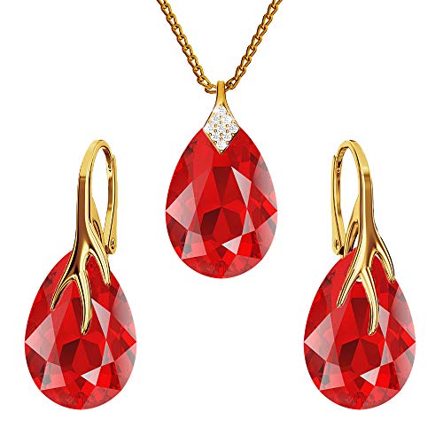 Ohrringe Silber 925 Hängend - Kette Damen mit Anhänger - Vergoldet Schmuck Set für Sie - mit Kristallen - Ohrringe Hängend und Halskette Damen Silber 925 - Tropfen mit Krallen (Light Siam) von PANDA LUXURY JEWELLERY