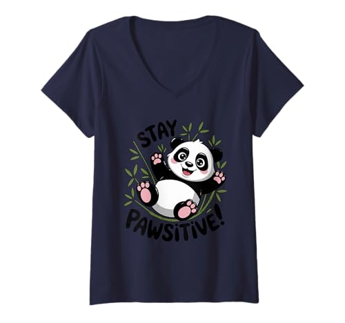 Damen Stay Pawsitive Panda Motivation Grafik T-Shirt mit V-Ausschnitt von Panda Motivation Bamboo Positive Paws