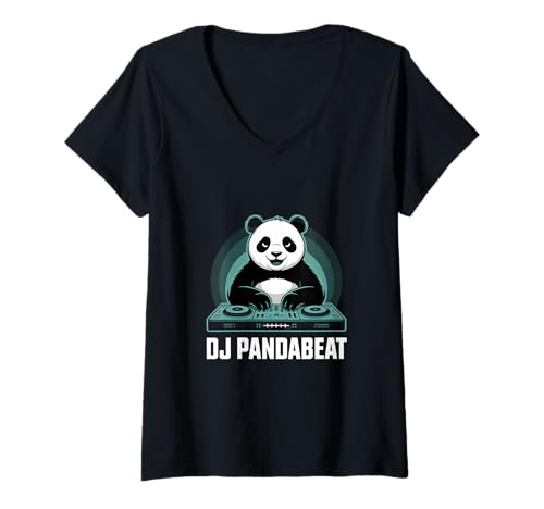 Damen DJ Pandabeat Panda DJ Musik Club Rave Festival T-Shirt mit V-Ausschnitt von Panda Musik Rave Club Festival Mischpult Edm