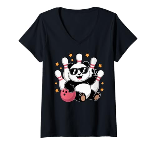 Damen Lustiger Panda Bowlingball Grafik Bowler Tierliebhaber T-Shirt mit V-Ausschnitt von Panda Playing Bowling Graphic