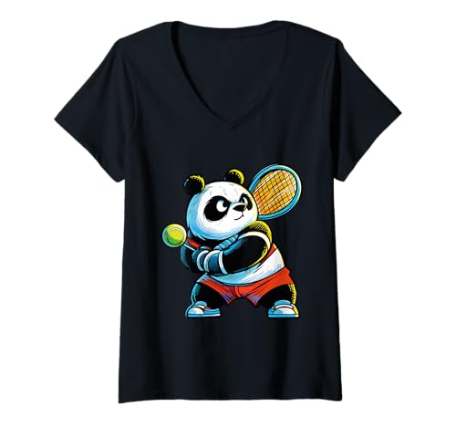 Damen Panda Tennis Club Tiere Sport Turnier Spieler T-Shirt mit V-Ausschnitt Damen Panda Tennis Club Tiere Sport Turnier Spieler T-Shirt mit V-Ausschnitt von Panda Playing Tennis Racket Ball Players Tennis