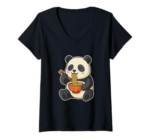 Damen Niedlicher Panda, der Nudeln isst, Cartoon-Design T-Shirt mit V-Ausschnitt von Panda Ramen Lover Funny Food Apparel