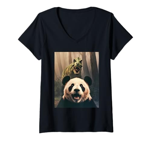 Damen Panda T. Rex Selfie T-Shirt mit V-Ausschnitt Damen Panda T. Rex Selfie T-Shirt mit V-Ausschnitt von Panda Selfie T Rex