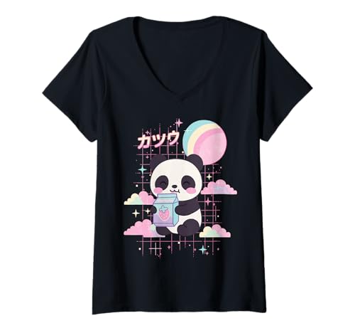 Damen Panda Erdbeermilch Kawaii Japanisch T-Shirt mit V-Ausschnitt von Panda Süß Ästhetisch Anime Japan Mädchen