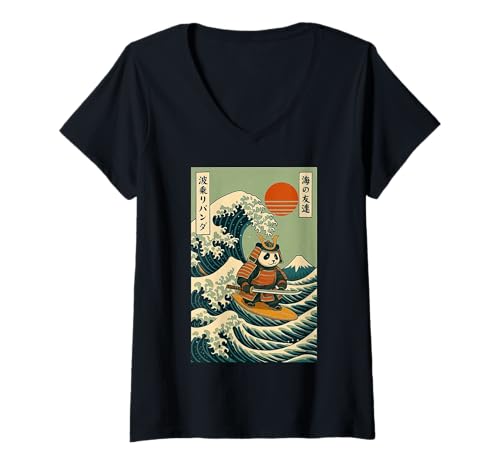 Damen Panda Samurai Surfen Japanische Welle T-Shirt mit V-Ausschnitt Damen Panda Samurai Surfen Japanische Welle T-Shirt mit V-Ausschnitt von Panda Surfer Große Welle Katana Anime Kawaii