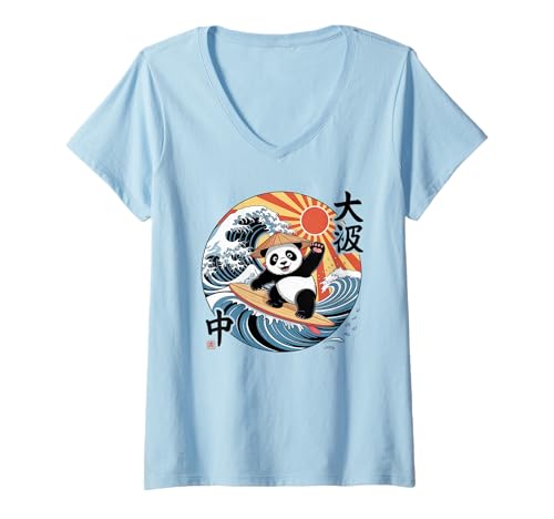 Damen Panda Surfing Japanese Wave Retro Asian Ocean Summer Adventu T-Shirt mit V-Ausschnitt von Panda Surfing Japanese Wave Retro Ocean Adventure