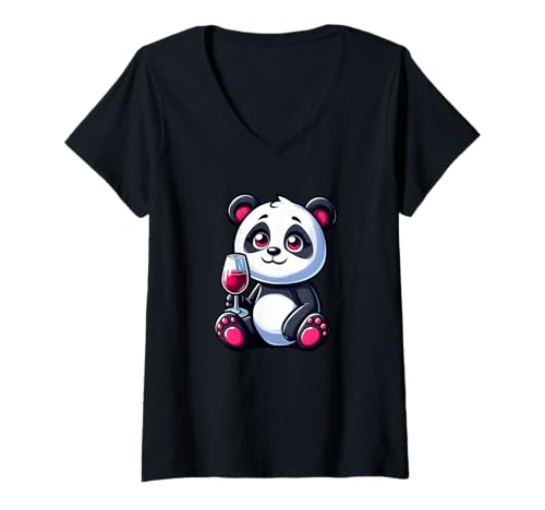 Damen Süßer Cartoon-Panda-Weinliebhaber mit Glas T-Shirt mit V-Ausschnitt von Panda Vineyard Wine Lover Cute Cartoon Design