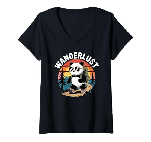 Damen Panda Wanderlust Retro Hiking Forest Trail T-Shirt mit V-Ausschnitt von Panda Wanderlust Hiking Retro Adventure
