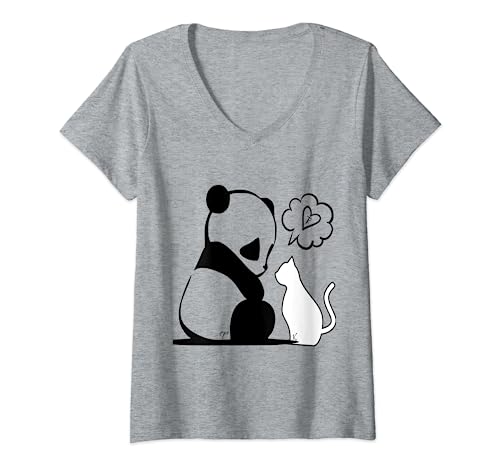 Damen Niedliches Panda und Katze T-Shirt Unisex mit einzigartigem Design T-Shirt mit V-Ausschnitt von Panda t
