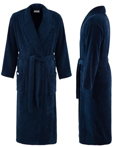 PandaHome Bademantel Damen und Herren aus 100% Baumwolle, Morgenmantel Frottee Kuschel, Saunamantel Warm und Kuschelig, Schnelltrocknend Weich Saugstark Bademäntel 400 g/m² (Navy-Large) von PandaHome