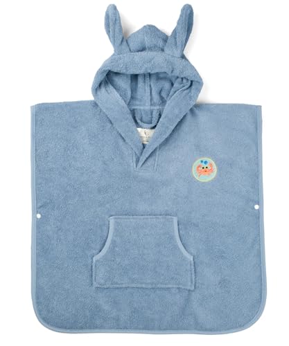PandaHome Linden & Green Badeponcho Kinder, Frottee-Poncho für Jungen und Mädchen aus 100% Baumwolle, Morgenmantel mit Kapuze, Schnelltrocknend Weich Saugstark Bademäntel 400 g/m² (Blau, 2-4 Jahre) von PandaHome