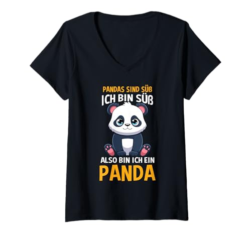 Damen Pandas Sind Süß Ich Bin Süß Also Bin Ich EIN Panda T-Shirt mit V-Ausschnitt von Pandabär Bärenart China Tierliebhaber Motiv