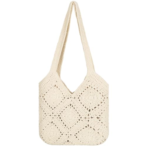 Damen Handgewebte Tasche Boho Strandtasche Vintage Handtasche Häkel Schultertasche Landhausstil Umhängetasche Tote Bag für Strand Urlaub Reisen (Weiß) von Pandalein