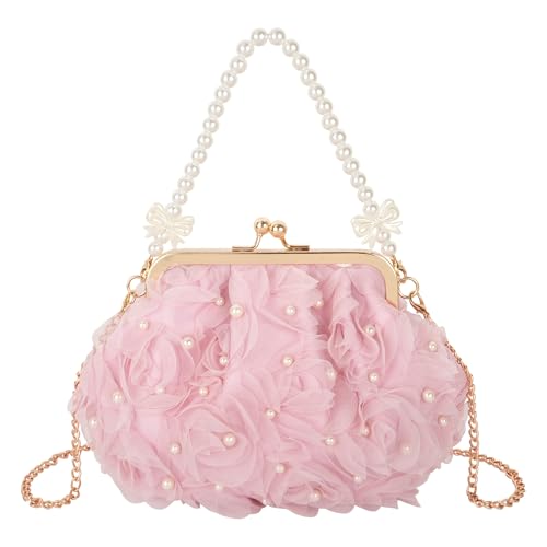 Pandalein Damen Blumen Clutch Seide Abendtasche Brauttasche Kleidertasche Handtasche mit Perlen Henkel Kette für Hochzeit Wedding Prom Party (00070 Rosa) von Pandalein