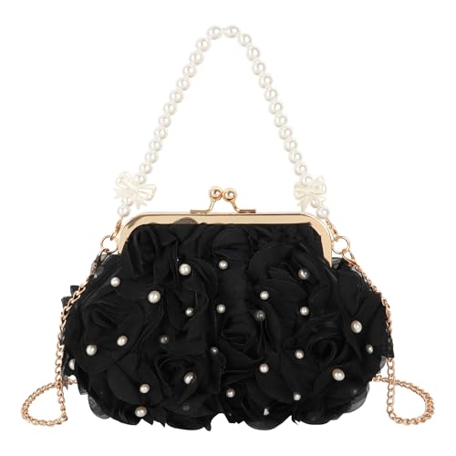 Pandalein Damen Blumen Clutch Seide Abendtasche Brauttasche Kleidertasche Handtasche mit Perlen Henkel Kette für Hochzeit Wedding Prom Party (00070 Schwarz) von Pandalein