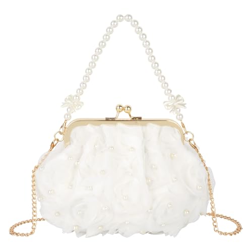 Pandalein Damen Blumen Clutch Seide Abendtasche Brauttasche Kleidertasche Handtasche mit Perlen Henkel Kette für Hochzeit Wedding Prom Party (00070 Weiß) von Pandalein