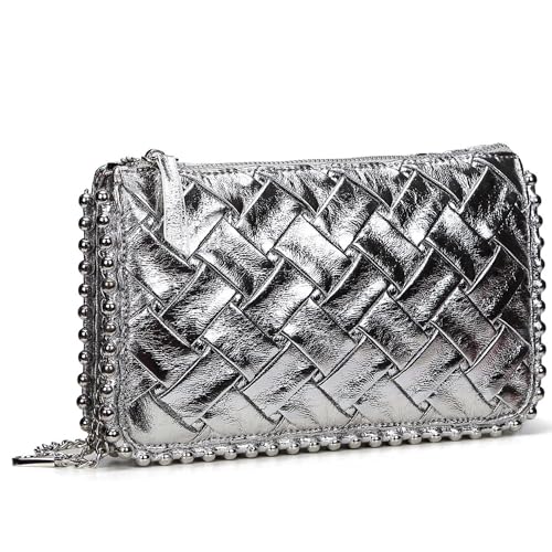Pandalein Damen Clutch mit Schlangen Muster Leder Abendtasche Envelope Tasche Elegant Handtasche Brauttasche Umhängetasche mit Kette für Hochzeit Wedding Prom Party (Silber) von Pandalein