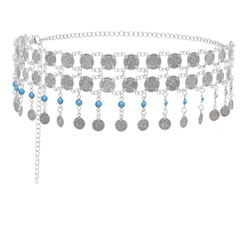 Pandalein Damen Gürtel Mode Taillengürtel Metall Kettengürtel Fransen Bauchtanz Gürtel Münzgürtel Taillenkettengürtel Hüftkette für Kleider (Silber+Blau) von Pandalein