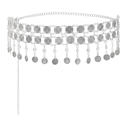 Pandalein Damen Gürtel Mode Taillengürtel Metall Kettengürtel Fransen Bauchtanz Gürtel Münzgürtel Taillenkettengürtel Hüftkette für Kleider (Silber+Weiß) von Pandalein