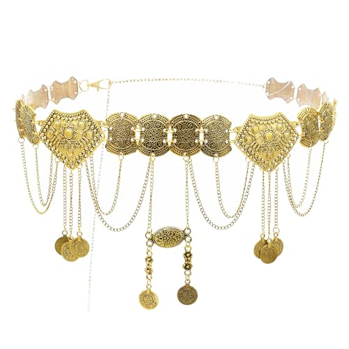 Pandalein Damen Gürtel Mode Taillengürtel Metall Kettengürtel Fransen Bauchtanz Gürtel Münzgürtel Verstellbare Hüftkette Taillenkette für Kleider (0022 Gold) von Pandalein