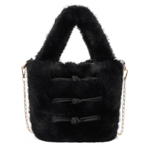 Pandalein Damen Kunstpelz Mini Tote Bag Winter Beuteltasche Flauschig Bucket Bag Plüsch Handtasche Fell Umhängetasche Süße Plüschtasche Henkeltasche mit Kette (Schwarz) von Pandalein