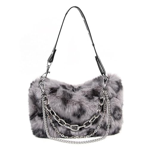 Pandalein Damen Kunstpelz Winter Umhängetasche Flauschig Abendtasche Plüsch Handtasche Kette Clutch Plüschtasche Henkeltasche für Hochzeit Wedding Prom Party, Grau von Pandalein