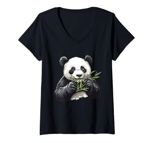 Damen Pandabär mit Bambus, Pandabär T-Shirt mit V-Ausschnitt von Pandas and Panda Bear Design