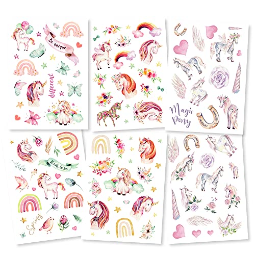 Pandawal® Tattoo für Kinder Einhorn Tattoos 6er Set Pferde Mädchen perfekt für Kindergeburtstag Party Mitgebsel Hautfreundliche Temporäre Kindertattoos von Pandawal