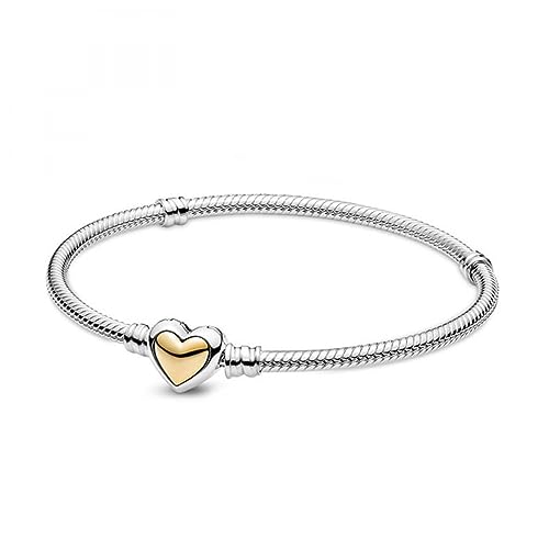 Pandora gewölbtes goldenes Herz-Verschluss Schlangen-Gliederarmband aus Sterling-Silber und 14 Karat Gold, Größe: 17, 599380C00-17 von Pandora