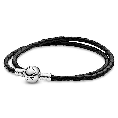 PANDORA Moments doppeltes Schwarzes Lederarmband mit geprägtem Kugelverschluss aus Sterling-Silber, vielseitig kombinierbar, Größe: 38cm PANDORA Moments doppeltes Schwarzes Lederarmband mit geprägtem Kugelverschluss aus Sterling-Silber, vielseitig kombinierbar, Größe: 38cm von PANDORA