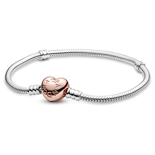 PANDORA Moments Schlangen-Gliederarmband mit Herz-Verschluss aus Sterling-Silber und 14 Karat rosévergoldeterr Metalllegierung, kompatibel mit Charms und Anhängern aus der Moments Kollektion, Größe: 23cm von PANDORA