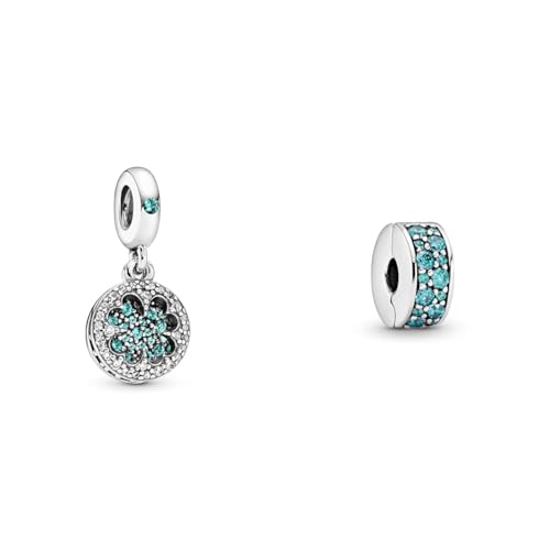 Pandora Charm Kleeblatt grün 797906NRGMX & Moments Petrolfarbener Pavé-Clip Sterling Silber, Cubic Zirconia 791817MCZ von Pandora