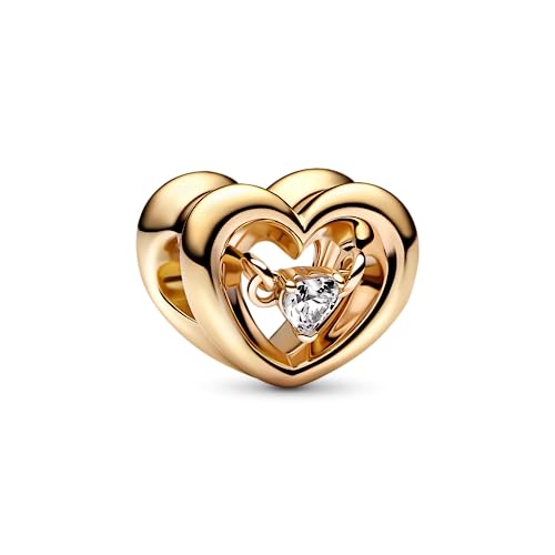 PANDORA Strahlendes Herz & Schwebender Stein Charm aus Sterlingsilber mit Zirkonia in der Farbe Gold, Kompatibel mit PANDORA Moments Armbänder, 762493C01 von PANDORA
