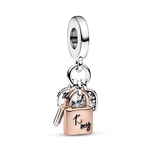 PANDORA Bicolor Schlüssel, Vorhängeschloss & Herz Dreifacher Charm-Anhänger aus Sterling-Silber und rosévergoldete Metalllegierung mit Cubic Zirkonia verziert, 782506C01 von PANDORA