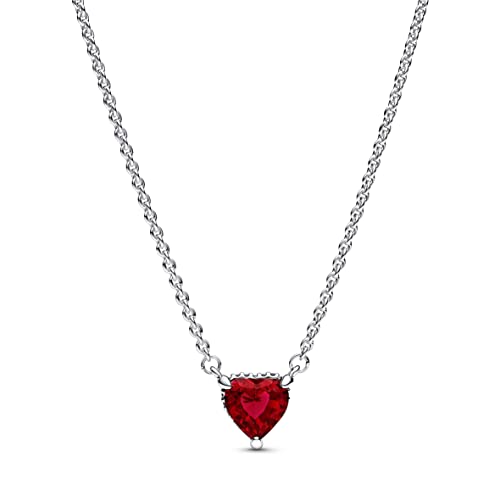 PANDORA Funkelnder Herzförmiger Strahlenkranz Collier-Halskette aus Sterlingsilber mit Zirkonia in der Farbe Silber-Rot, PANDORA Timeless Collection, Länge: 45cm, 392542C01-45 von PANDORA