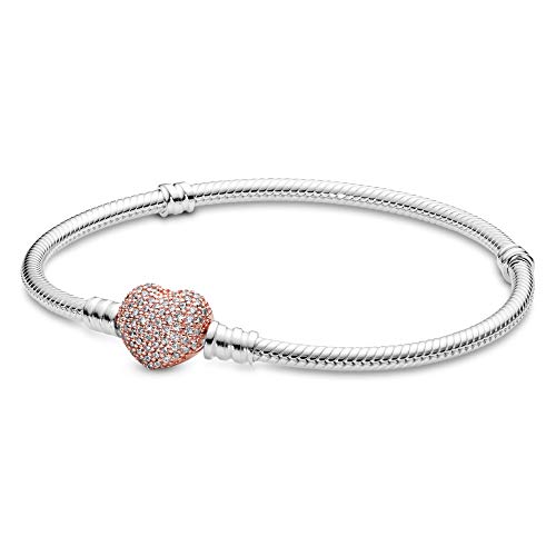 PANDORA Pavé-Herz-Verschluss Schlangen-Gliederarmband mit Sterling-Silber und 14 Karat rosévergoldete Metalllegierung, Cubic Zirkonia Steinen aus der PANDORA Moments Collection, 20cm von PANDORA