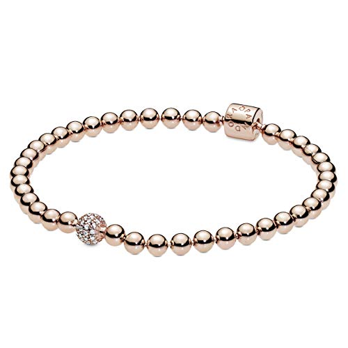 PANDORA Signatur Kugel & Pavé Armband aus 14 Karat rosévergoldeter Metalllegierung mit einer großen Kugel in Pavé-Fassung und Zylinderverschluss, Größe: 17cm von PANDORA